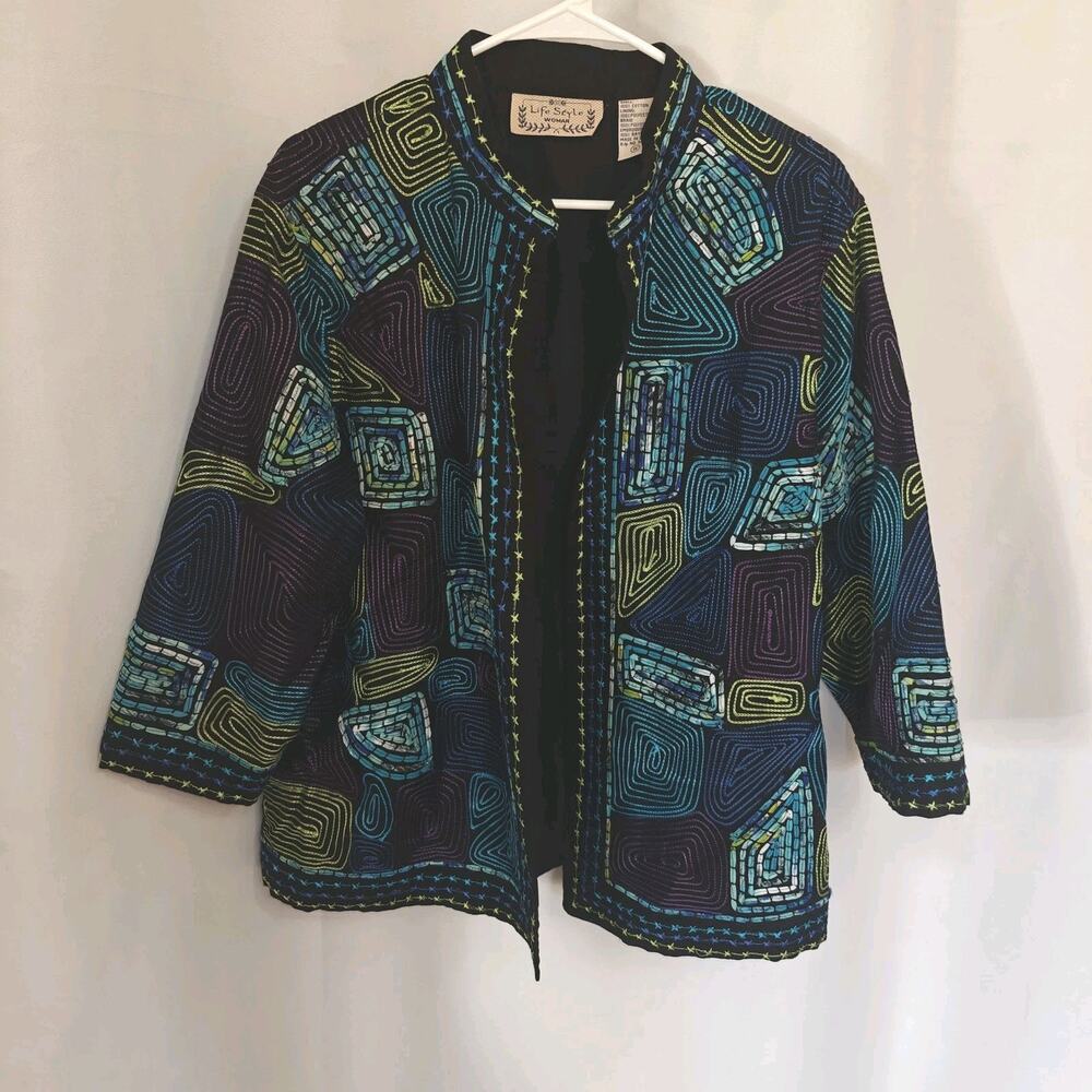 Life Style Women Jacket 1X Embroidered Geometric Patterns Tribal Stitched